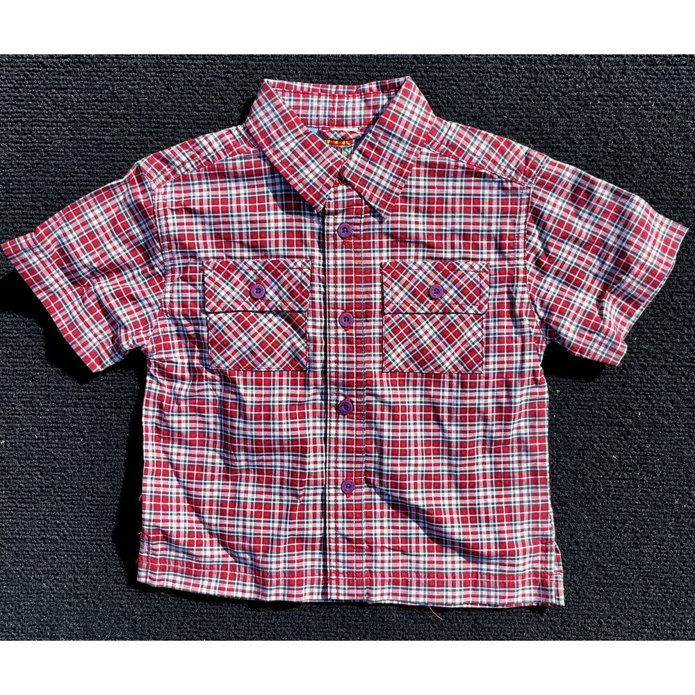 Vintage McKids Shirt Boys 24M Red Plaid Short Sleeve Button Front Pockets Casual